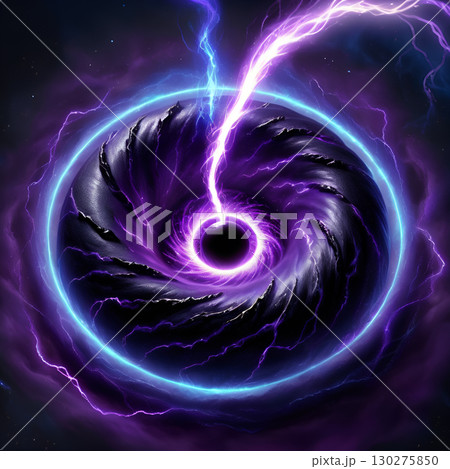 Experience the cosmic wonder of a powerful black hole with vibrant purple energy swirling amidst electric blue rings and bright lightning strikes. Experience the cosmic wonder of a powerful black hole with vibrant purple energy swirling amidst electric blue rings and bright lightning strikes. 130275850