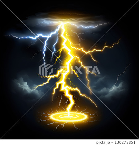 Powerful lightning strike illuminates dark stormy sky with bright energy bursting from a glowing ground effect Powerful lightning strike illuminates dark stormy sky with bright energy bursting from a glowing ground effect 130275851