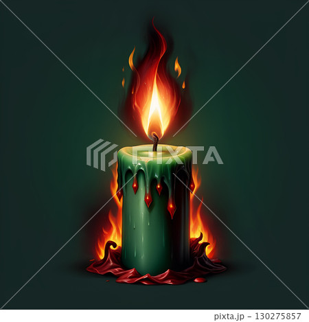 Mysterious green candle burns with fiery red flames and melting wax, casting a dramatic ambiance for occult or magical themes 130275857