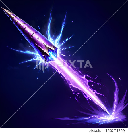 Dynamic futuristic energy spear pierces darkness with vibrant purple and blue light trails and electrical sparks Dynamic futuristic energy spear pierces darkness with vibrant purple and blue light trails and electrical sparks 130275869