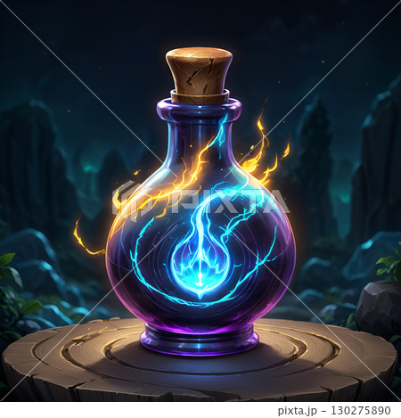 Mystical glowing potion bottle crackling with blue and orange energy on wooden pedestal in dark fantasy forest setting Mystical glowing potion bottle crackling with blue and orange energy on wooden pedestal in dark fantasy forest setting 130275890