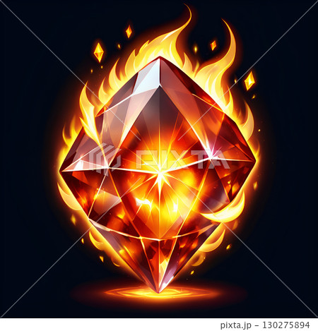 Fiery diamond glows with intense heat and bright light, a symbol of power and passion burning against a dark background. 130275894