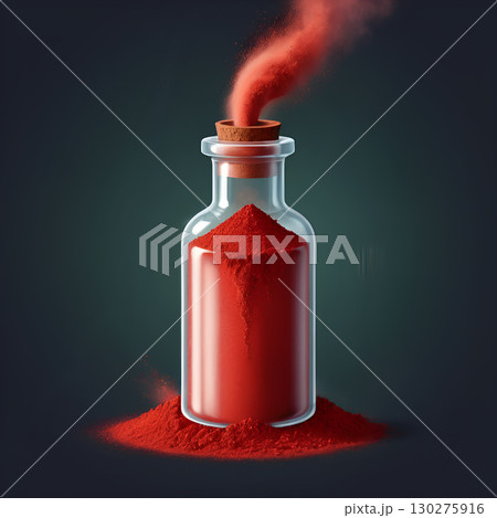 Vibrant red powder escapes a clear glass bottle with a cork stopper, creating a dynamic, abstract visual 130275916