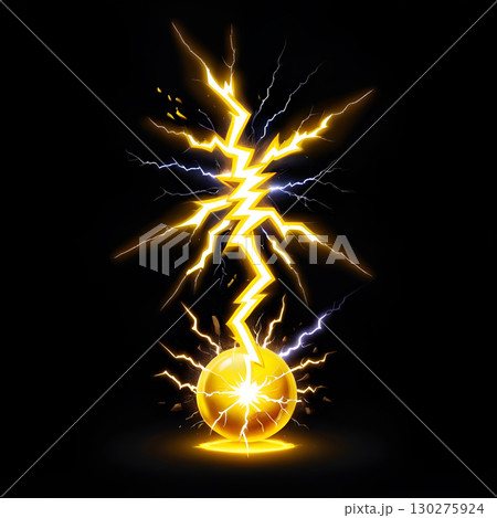 Powerful lightning strike electrifies golden sphere creating dynamic energy burst against dark background 130275924