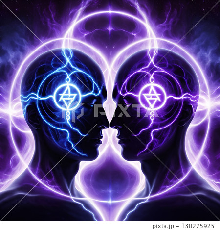 Experience profound connection and shared consciousness with vibrant, energetic human head profiles illuminated by cosmic light Experience profound connection and shared consciousness with vibrant, energetic human head profiles illuminated by cosmic light 130275925