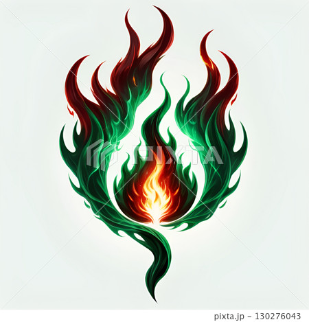 Mystical green and red flames intertwine, creating a vibrant, magical, and energetic symbol of transformation and power 130276043