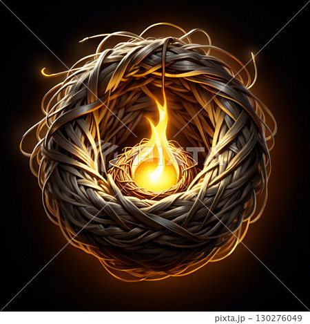 Warm glowing flame ignites new beginnings within a rustic woven nest, symbolizing hope and rebirth Warm glowing flame ignites new beginnings within a rustic woven nest, symbolizing hope and rebirth 130276049