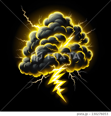 Dramatic dark storm cloud erupts with powerful yellow lightning strikes against a black background, conveying energy and intensity. 130276053