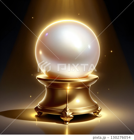 Captivating glowing pearl on ornate golden stand evokes luxury, fortune, and mystical foresight, perfect for aspirational branding. 130276054