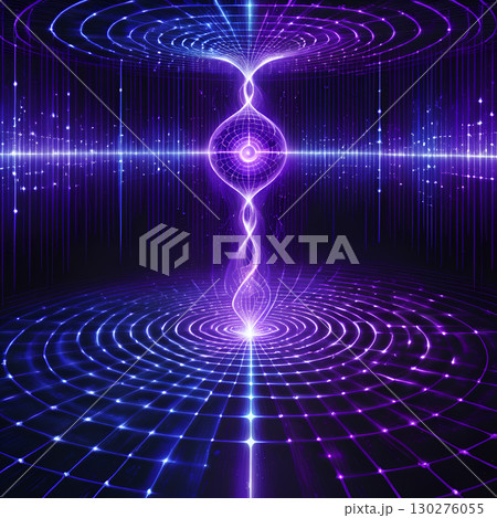 Captivating digital vortex of glowing purple and blue energy pulses with mesmerizing light patterns, perfect for technology and science themes. 130276055