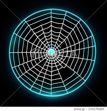 Captivating neon blue spiderweb design with glowing central orb on black background, perfect for tech and security themes 130276060