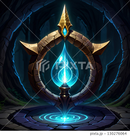 Mystical golden orb with glowing blue energy suspended within ancient stone circle in dark forest Mystical golden orb with glowing blue energy suspended within ancient stone circle in dark forest 130276064