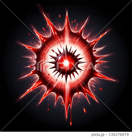 Dynamic red abstract explosion with glowing core and sharp spikes, symbolizing energy, impact, and danger in a striking visual. 130276079