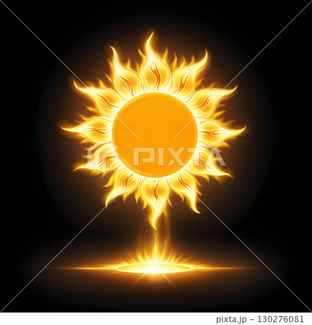 Radiant sun with fiery rays emerges from glowing horizon, casting bright, warm light against dark sky 130276081