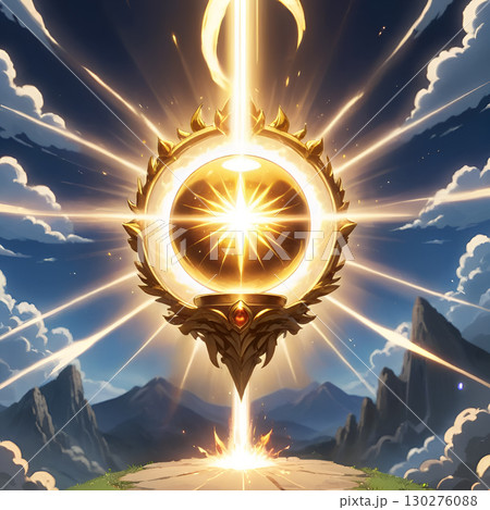 Divine golden orb emits powerful radiant energy, symbolizing power, enlightenment, and cosmic discovery against a majestic mountain backdrop 130276088