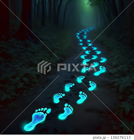 Follow the glowing footprints leading through a mystical dark forest path, igniting wonder and adventure. 130276113