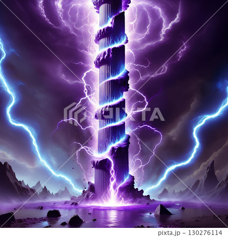 Witness the raw power of a colossal column struck by vibrant lightning amidst a dramatic, stormy purple sky Witness the raw power of a colossal column struck by vibrant lightning amidst a dramatic, stormy purple sky 130276114