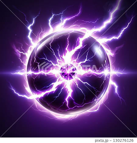 Mysterious dark sphere crackles with electric purple energy and a central glowing gem, evoking power and science. 130276126