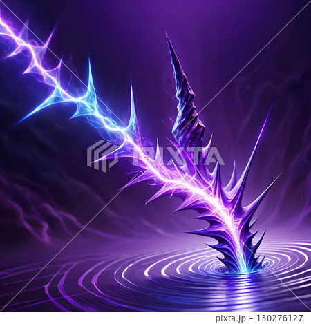 Dynamic purple energy spike pierces water creating ripples with electric blue lightning strike, a powerful futuristic concept Dynamic purple energy spike pierces water creating ripples with electric blue lightning strike, a powerful futuristic concept 130276127
