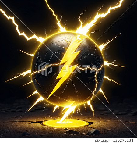 Dynamic yellow lightning bolt strikes cracked dark sphere emanating powerful electric energy on rough ground 130276131