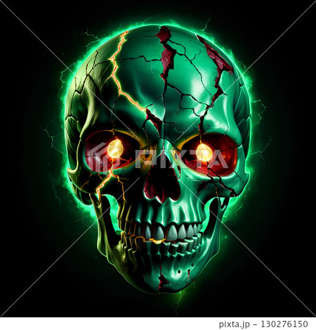 Terrifying glowing green skull cracks with fiery red eyes, emanating dark energy, perfect for Halloween or horror themes 130276150