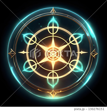Mystical glowing celestial compass design with luminous energy and starburst center on dark background for fantasy or spiritual projects Mystical glowing celestial compass design with luminous energy and starburst center on dark background for fantasy or spiritual projects 130276151