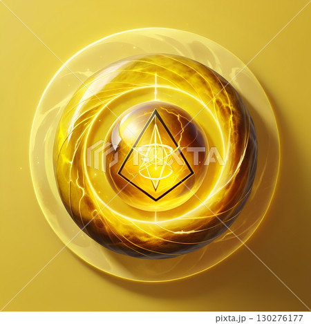 Mysterious glowing orb with sacred geometry symbol emanates powerful golden energy and swirling light Mysterious glowing orb with sacred geometry symbol emanates powerful golden energy and swirling light 130276177