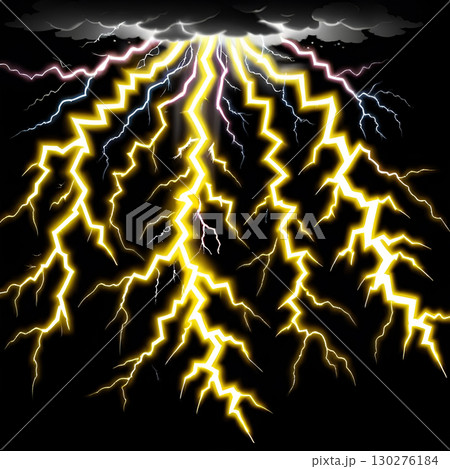 Powerful lightning strikes illuminating dark stormy sky with vibrant yellow energy and dramatic cloud formations 130276184