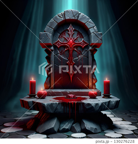 Mysterious gothic altar with dripping blood, candles, and arcane symbols creates an ominous atmosphere for dark fantasy. 130276228
