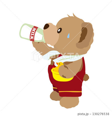 お風呂上りに瓶に入った牛乳を飲むクマのぬいぐるみのイラスト お風呂上りに瓶に入った牛乳を飲むクマのぬいぐるみのイラスト 130276538