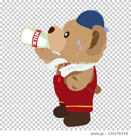一隻泰迪熊在工作時喝著奶瓶裡的牛奶的插圖 一隻泰迪熊在工作時喝著奶瓶裡的牛奶的插圖 130276539