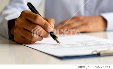 契約書に万年筆でサインをする男性の手 130276564