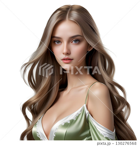 明るい緑色のドレスを着た金髪の完璧美女のバストショット（透過背景） 130276568