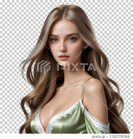 明るい緑色のドレスを着た金髪の完璧美女のバストショット（透過背景） 130276568