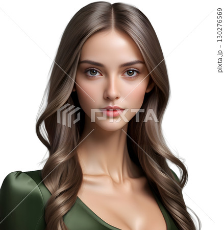 深緑色のドレスを着たブルネットのロングヘア女性のバストショット（透過背景） 130276569