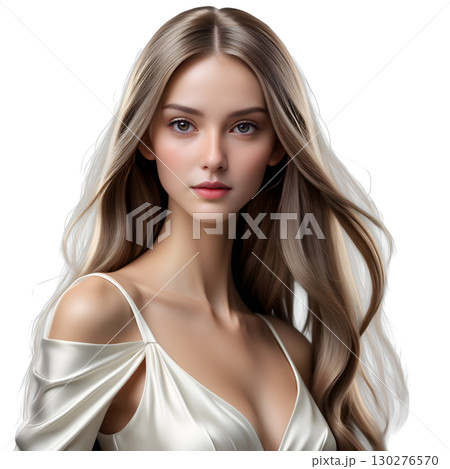 白いドレスを着た若い女性モデルのビューティーイメージ（透過背景） 130276570