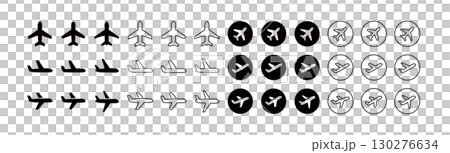 Simple airplane and travel icon set, two types of details (Rounded, Sharp), editable labels 130276634