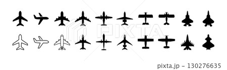 様々な飛行機のシルエット(旅客機,戦闘機,複葉機など)と、旅行や飛行機を表す、シンプルなアイコンセッ 130276635