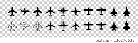 A simple icon set of various airplane silhouettes (passenger planes, fighter planes, biplanes, etc.) and travel and airplanes. 130276635