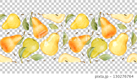 Hand-drawn illustration of a seamless horizontal border with whole pears, halves, and scattered seeds and leaves Hand-drawn illustration of a seamless horizontal border with whole pears, halves, and scattered seeds and leaves 130276764