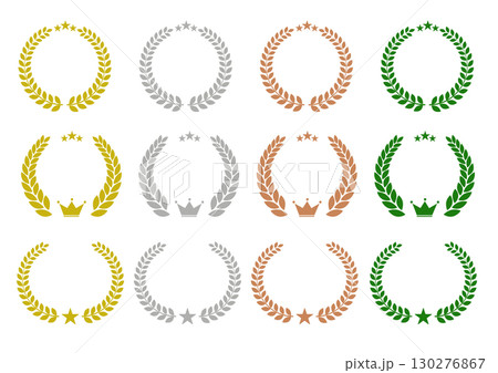 金銀銅緑の月桂冠セット 王冠と星付きデザイン|月桂冠, 王冠, 星, 金, 銀, 銅, 緑 金銀銅緑の月桂冠セット 王冠と星付きデザイン|月桂冠, 王冠, 星, 金, 銀, 銅, 緑 130276867