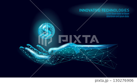 Polygonal hand holds dollar coin. Geometric arm presents currency digital finance art. Investment banking fintech stock trading business. Low poly blue dark vector illustration Polygonal hand holds dollar coin. Geometric arm presents currency digital finance art. Investment banking fintech stock trading business. Low poly blue dark vector illustration 130276906