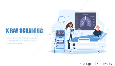 X Ray scanning concept. Lungs care and medical diagnostic. Female doctor examines fluorography. Flat Vector illustration X Ray scanning concept. Lungs care and medical diagnostic. Female doctor examines fluorography. Flat Vector illustration 130276915
