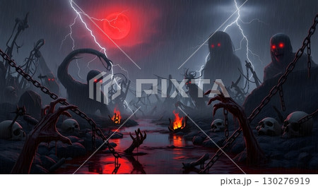 Dark Fantasy Horror Scene with Nightmarish Creatures 130276919