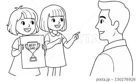Two Daughters Giving Father Best Dad Award 130276926