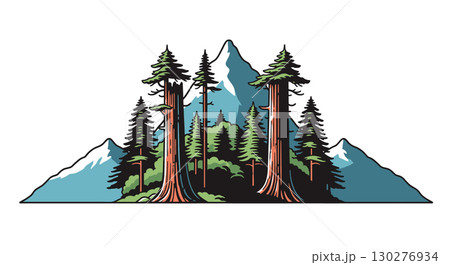 Majestic Redwood Forest and Snowy Mountains Landscape Majestic Redwood Forest and Snowy Mountains Landscape 130276934