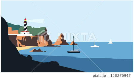 Coastal Lighthouse Seascape with Sailboats at Sea 130276947