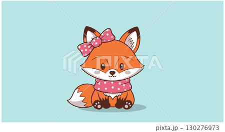 Adorable Cartoon Fox Wearing Pink Bow and Scarf 130276973