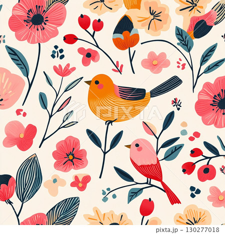 Stylized illustration of birds, flowers, and hearts in pink, orange, black, and white, featuring geometric shapes and whimsical decorative patterns. Stylized illustration of birds, flowers, and hearts in pink, orange, black, and white, featuring geometric shapes and whimsical decorative patterns. 130277018