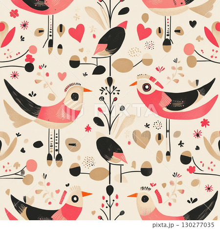 Stylized illustration of birds, flowers, and hearts in pink, orange, black, and white, featuring geometric shapes and whimsical decorative patterns. 130277035